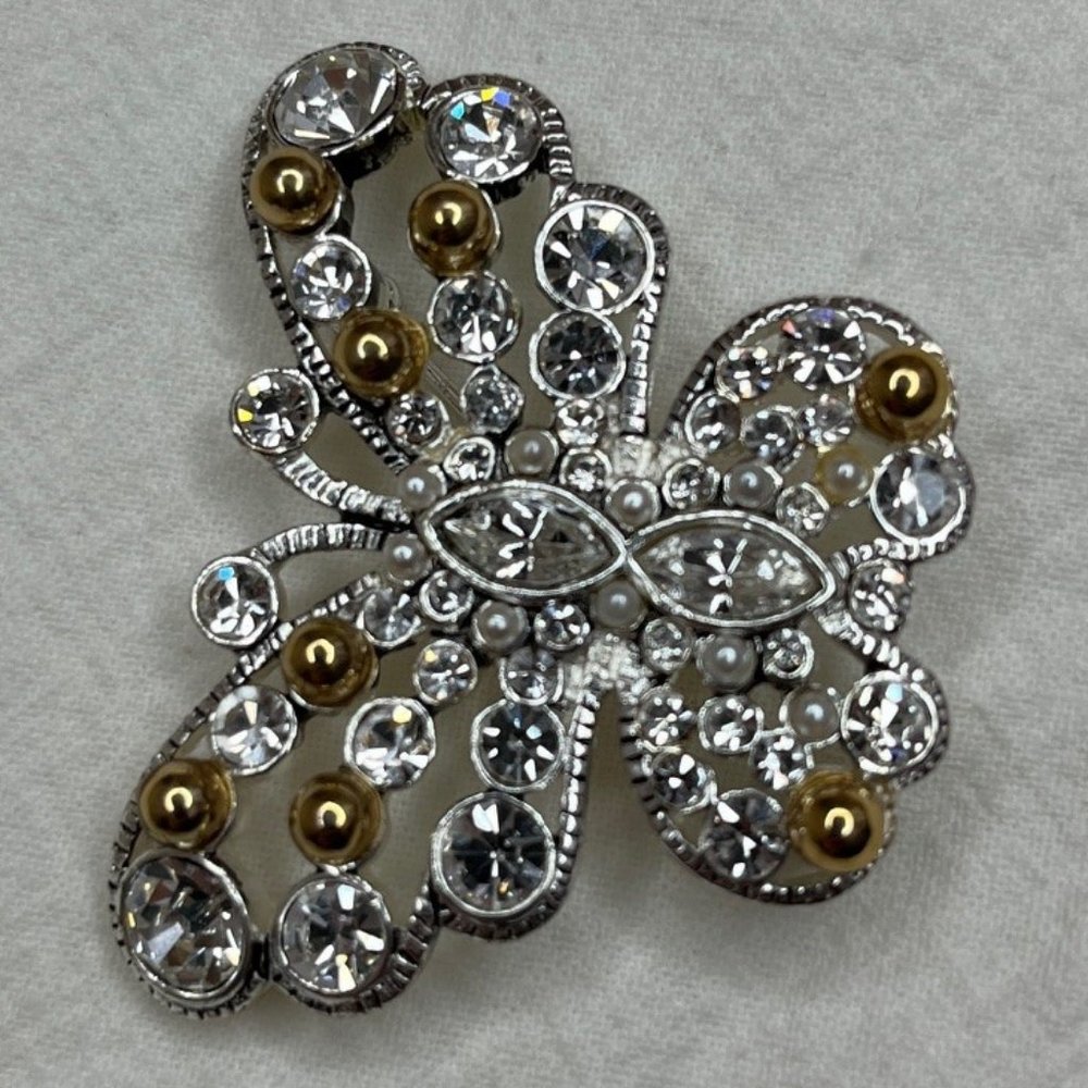 VTG Premier Designs Silver tone Butterfly Brooch with Rhinestones and Gold Beads - Picture 2 of 6